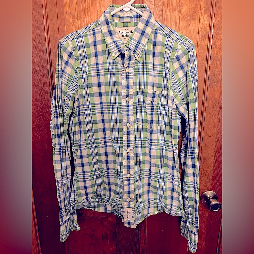 Abercrombie & Fitch Men's Green Plaid Muscle Fit Button Down Shirt Medium